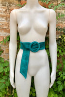 Dark turquoise suede waist belt with large round buckle.Boho soft suede belt in a light teal shade. Genuine natural blue-green suede leather