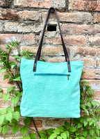 TOTE leather bag in aqua green. Genuine soft natural suede. Light green large SHOPPER leather bag. Laptop bag in very light turquoise suede