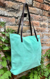 TOTE leather bag in aqua green. Genuine soft natural suede. Light green large SHOPPER leather bag. Laptop bag in very light turquoise suede