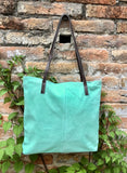 TOTE leather bag in aqua green. Genuine soft natural suede. Light green large SHOPPER leather bag. Laptop bag in very light turquoise suede