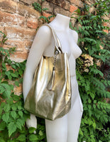 Shoulder leather bag in GOLD. GENUINE leather shopper bag. Large carry all bag for your laptop, books. Metallic effect golden leather purse