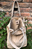 Beige leather shopper bag in genuine suede. Slouchy beige carry all tote bag for laptops, tablets, books. Suede leather purse with tassel