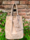 Beige leather shopper bag in genuine suede. Slouchy beige carry all tote bag for laptops, tablets, books. Suede leather purse with tassel