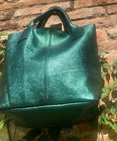 METALLIC green shoulder leather bag. Genuine leather shopper bag. Carry all bag for your laptop, books. Metallic effect GREEN leather purse