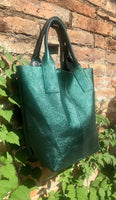 METALLIC green shoulder leather bag. Genuine leather shopper bag. Carry all bag for your laptop, books. Metallic effect GREEN leather purse