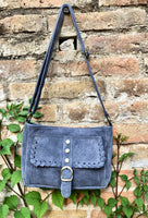 Crossbody / shoulder blue suede bag. BOHO genuine leather hippy bag. Blue - gray purse with zipper and buckle. Denim blue suede purse.