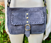 Crossbody / shoulder blue suede bag. BOHO genuine leather hippy bag. Blue - gray purse with zipper and buckle. Denim blue suede purse.