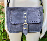 Crossbody / shoulder blue suede bag. BOHO genuine leather hippy bag. Blue - gray purse with zipper and buckle. Denim blue suede purse.