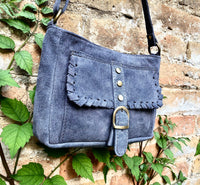 Crossbody / shoulder blue suede bag. BOHO genuine leather hippy bag. Blue - gray purse with zipper and buckle. Denim blue suede purse.