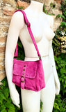 Crossbody / shoulder hot pink suede bag. BOHO genuine leather hippy bag. Fuchsia purse with zipper and buckle. Magenta pink suede purse.