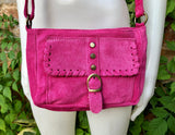 Crossbody / shoulder hot pink suede bag. BOHO genuine leather hippy bag. Fuchsia purse with zipper and buckle. Magenta pink suede purse.