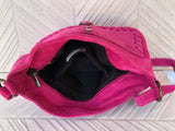 Crossbody / shoulder hot pink suede bag. BOHO genuine leather hippy bag. Fuchsia purse with zipper and buckle. Magenta pink suede purse.