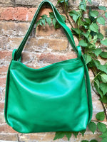 GREEN genuine leather rucksack/ shoulder bag. Green genuine leather shopper. Green backpack for laptops, tablets, books...