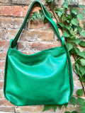 GREEN genuine leather rucksack/ shoulder bag. Green genuine leather shopper. Green backpack for laptops, tablets, books...