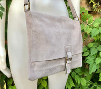 BOHO suede messenger leather bag in LIGHT GREY. Cross body bag in grey suede. Soft patent natural genuine leather bag. Festival bags.