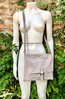 BOHO suede messenger leather bag in LIGHT GREY. Cross body bag in grey suede. Soft patent natural genuine leather bag. Festival bags.