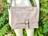 BOHO suede messenger leather bag in LIGHT GREY. Cross body bag in grey suede. Soft patent natural genuine leather bag. Festival bags.