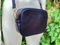 Small leather bag in PURPLE - NAVY. Crossbody / shoulder bag in genuine leather. Metallic shine leather bag. Dark blue-purple leather purse