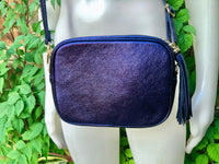 Small leather bag in PURPLE - NAVY. Crossbody / shoulder bag in genuine leather. Metallic shine leather bag. Dark blue-purple leather purse