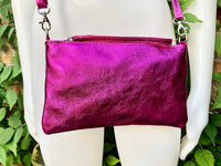 Small genuine leather bag in METALLIC hot pink. Cross body bag, shoulder bag or wristlet. Small glitter leather purse in magenta, fuchsia.