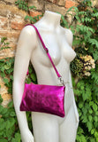 Small genuine leather bag in METALLIC hot pink. Cross body bag, shoulder bag or wristlet. Small glitter leather purse in magenta, fuchsia.