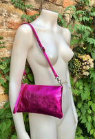 Small genuine leather bag in METALLIC hot pink. Cross body bag, shoulder bag or wristlet. Small glitter leather purse in magenta, fuchsia.