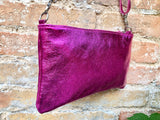 Small genuine leather bag in METALLIC hot pink. Cross body bag, shoulder bag or wristlet. Small glitter leather purse in magenta, fuchsia.