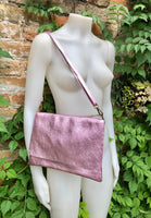 Crossbody leather bag in Metallic light PINK. Genuine soft leather. Glitter pink messenger bag. Zipper + adjustable strap. Light pink purse