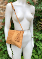 Suede leather bag in CAMEL BROWN Cross body bag, shoulder bag in GENUINE leather. Small leather bag with adjustable strap and zipper.