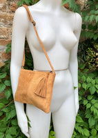 Suede leather bag in CAMEL BROWN Cross body bag, shoulder bag in GENUINE leather. Small leather bag with adjustable strap and zipper.