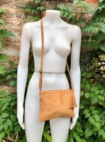 Suede leather bag in CAMEL BROWN Cross body bag, shoulder bag in GENUINE leather. Small leather bag with adjustable strap and zipper.