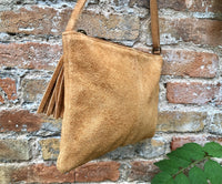 Suede leather bag in CAMEL BROWN Cross body bag, shoulder bag in GENUINE leather. Small leather bag with adjustable strap and zipper.