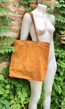 Large TOTE leather bag in camel brown. Soft natural genuine suede leather shopper bag. Book or laptop shoulder bag in light brown leather