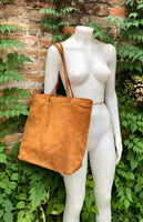 Large TOTE leather bag in camel brown. Soft natural genuine suede leather shopper bag. Book or laptop shoulder bag in light brown leather