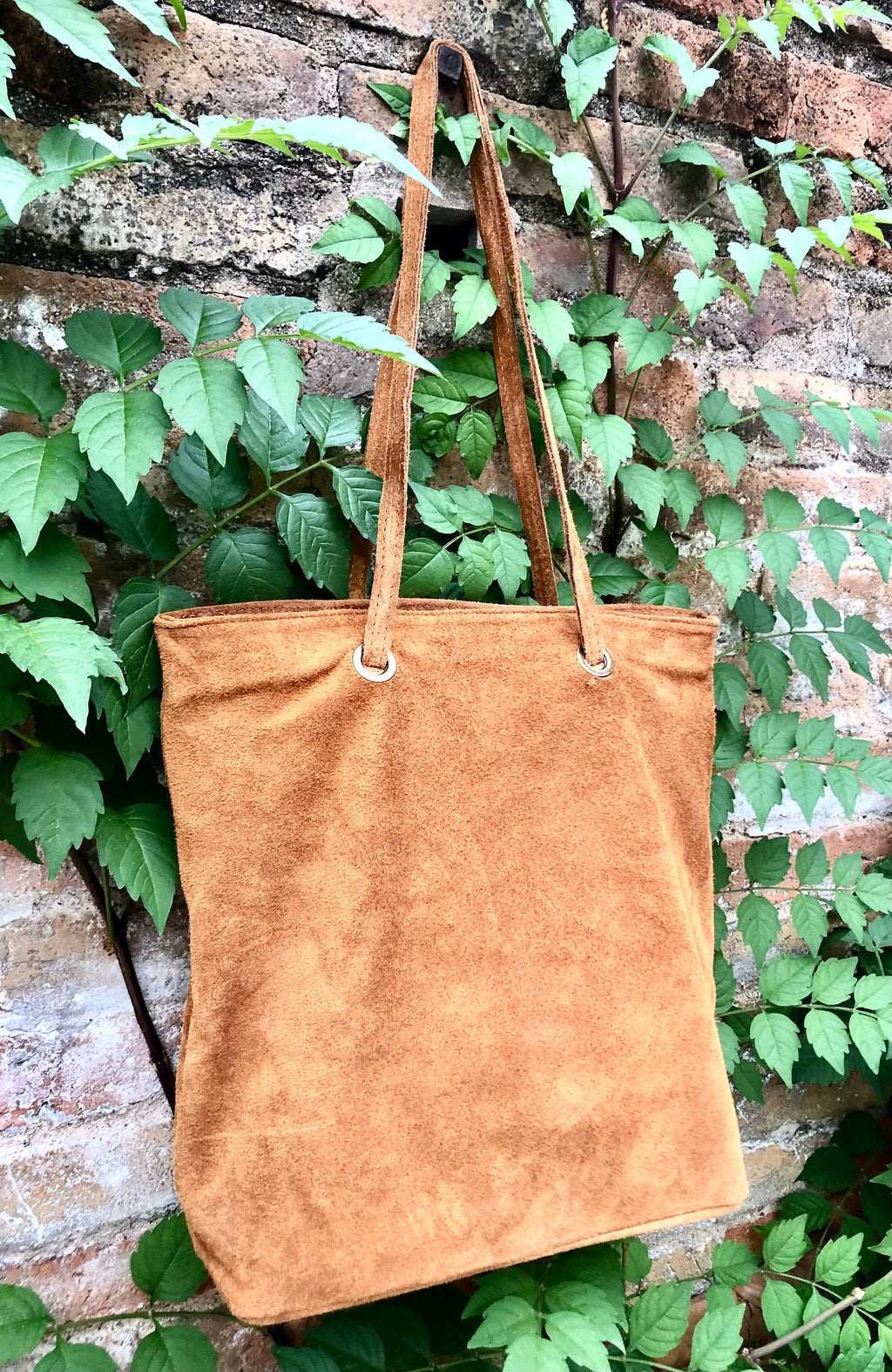 Large TOTE leather bag in camel brown. Soft natural genuine suede leather shopper bag. Book or laptop shoulder bag in light brown leather