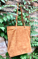 Large TOTE leather bag in camel brown. Soft natural genuine suede leather shopper bag. Book or laptop shoulder bag in light brown leather