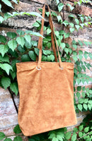 Large TOTE leather bag in camel brown. Soft natural genuine suede leather shopper bag. Book or laptop shoulder bag in light brown leather