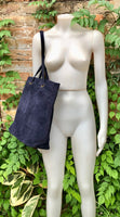 Large TOTE leather bag in navy blue. Soft natural genuine suede leather shopper bag. Dark blue book or laptop shoulder. Navy suede purse