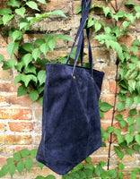 Large TOTE leather bag in navy blue. Soft natural genuine suede leather shopper bag. Dark blue book or laptop shoulder. Navy suede purse