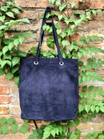 Large TOTE leather bag in navy blue. Soft natural genuine suede leather shopper bag. Dark blue book or laptop shoulder. Navy suede purse