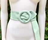 Aqua green suede waist belt. Large round buckle. Boho suede belt in seafoam, light turquoise blue-green. Mint genuine natural suede leather