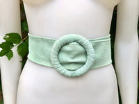 Aqua green suede waist belt. Large round buckle. Boho suede belt in seafoam, light turquoise blue-green. Mint genuine natural suede leather