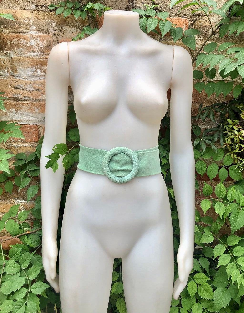 Aqua green suede waist belt. Large round buckle. Boho suede belt in seafoam, light turquoise blue-green. Mint genuine natural suede leather
