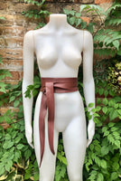 Terracotta BROWN obi belt. Wrap belt in soft genuine leather. Wraparound waist belt. Wide style. Boho dress belt in burgundy- brown leather