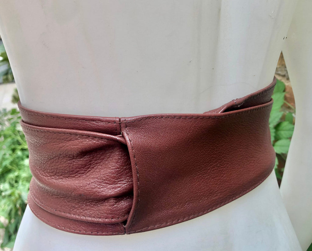 Terracotta BROWN obi belt. Wrap belt in soft genuine leather. Wraparound waist belt. Wide style. Boho dress belt in burgundy- brown leather