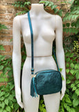 Metallic TEAL blue-green leather bag. Small cross body / shoulder bag in GENUINE leather. Teal leather purse. Adjustable strap and zipper.