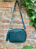 Metallic TEAL blue-green leather bag. Small cross body / shoulder bag in GENUINE leather. Teal leather purse. Adjustable strap and zipper.