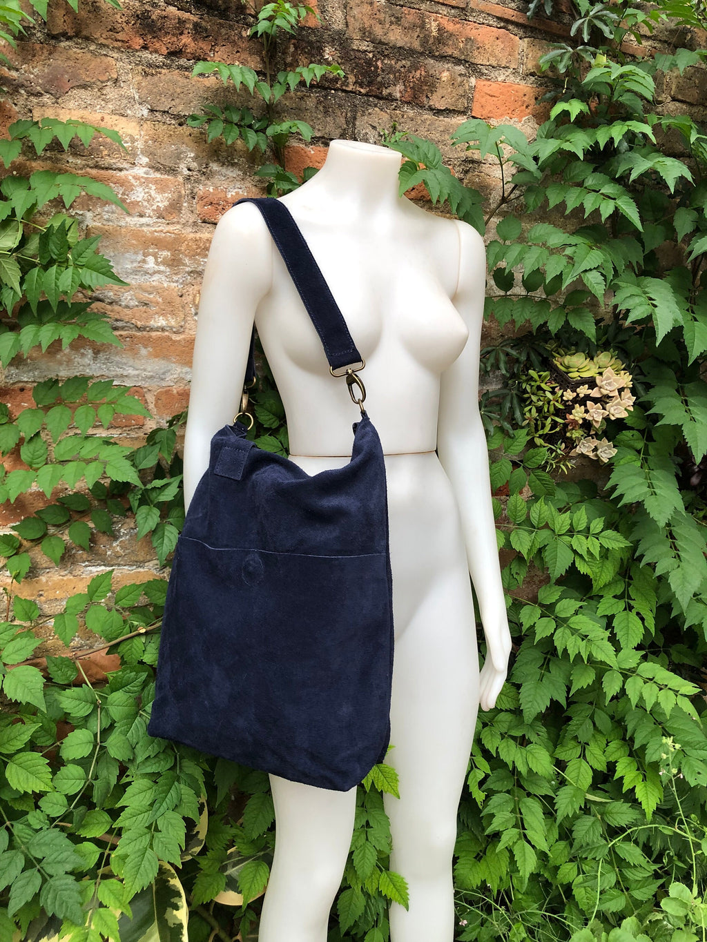 Navy blue leather tote. Large leather shopper, hand /shoulder straps. Dark blue suede bag, laptop bag. Handbag /shoulder suede bag