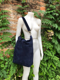 Navy blue leather tote. Large leather shopper, hand /shoulder straps. Dark blue suede bag, laptop bag. Handbag /shoulder suede bag