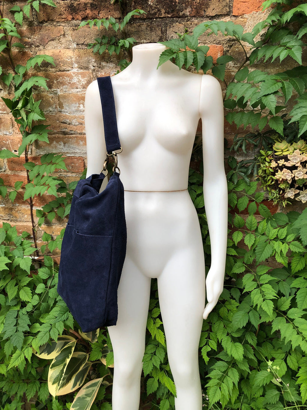 Navy blue leather tote. Large leather shopper, hand /shoulder straps. Dark blue suede bag, laptop bag. Handbag /shoulder suede bag